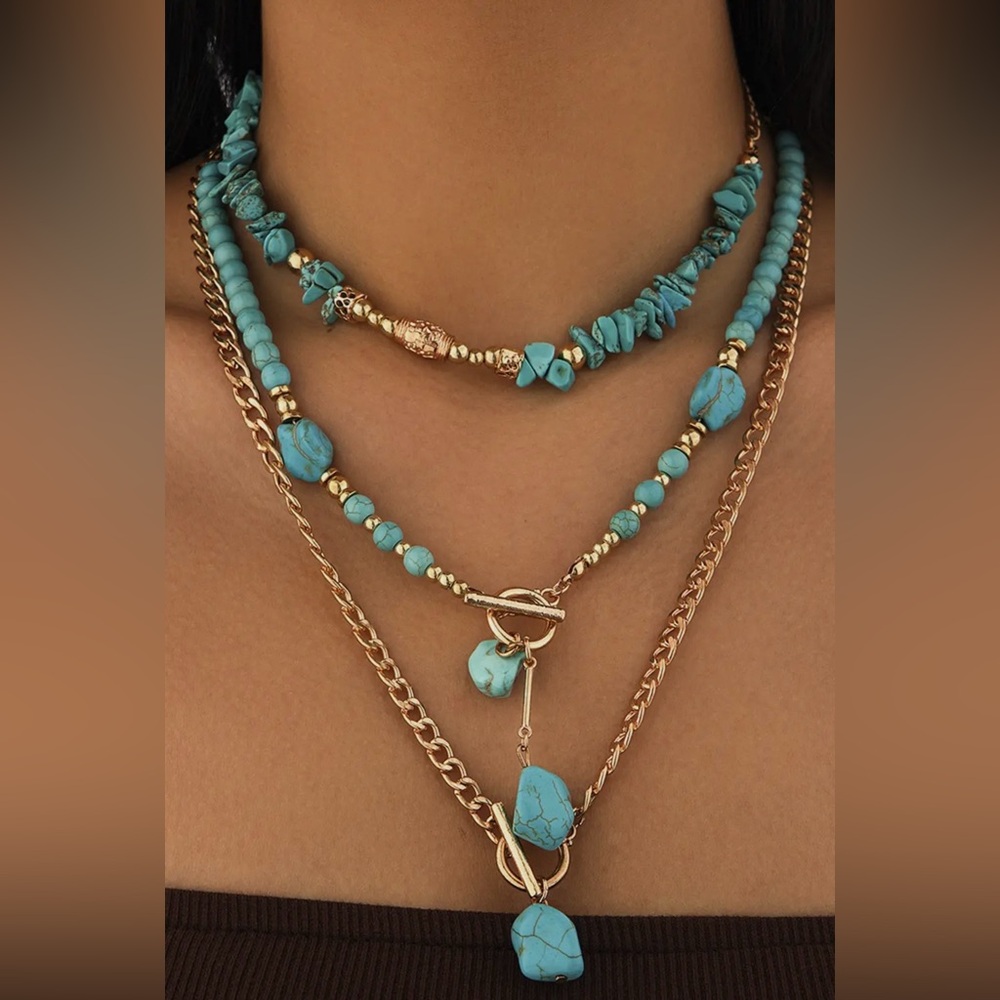 Turquoise and Gold Layered Necklace Set